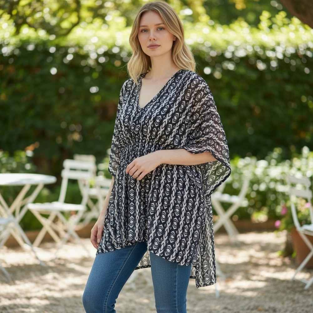 Le Montreux Paris Beach Kimono Coverup Grey Black Geometric V-Neck OS NEW
